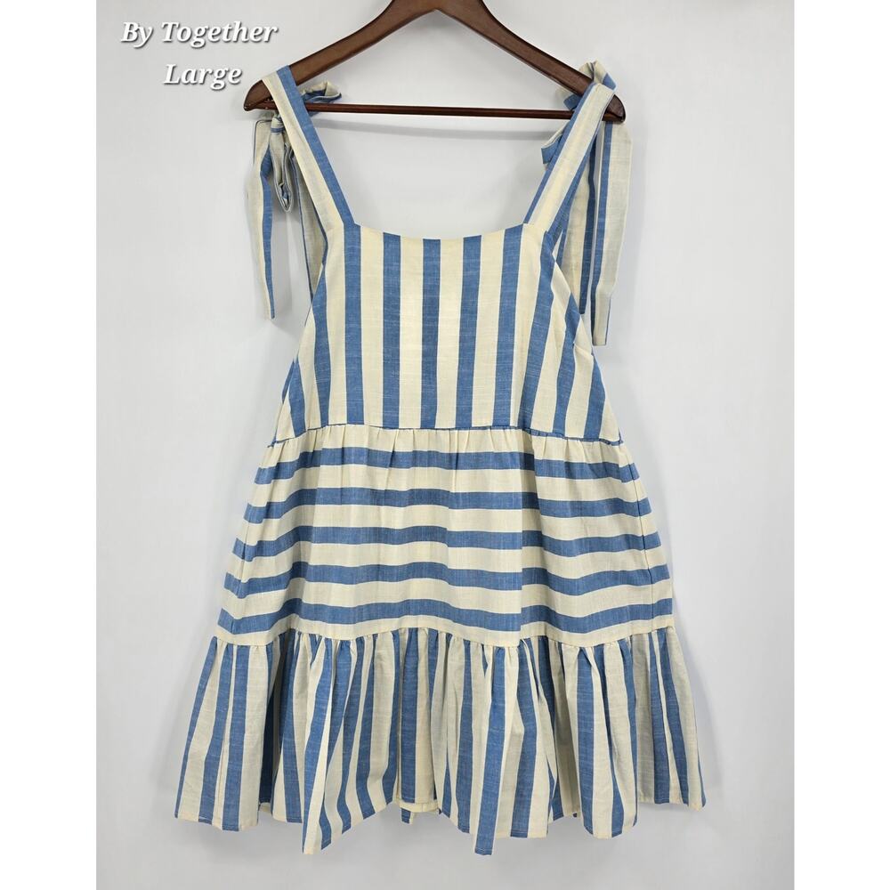 By Together Blue Stripe Linen Blend‎ Tie Shoulder Mini Dress L Cottagecore NWT